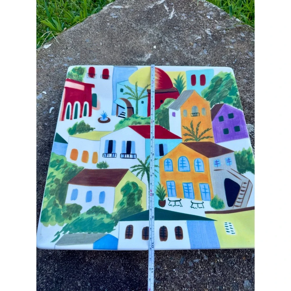 Pier 1 Villa Del Sol Hand Painted Square Plate Mediterranean Village Scene 10.5
